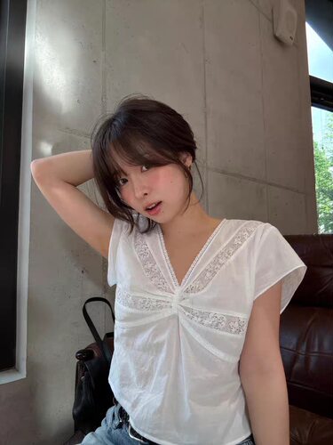 现货PREON自制甜美蕾丝白色v领系带短袖上衣tannat同款