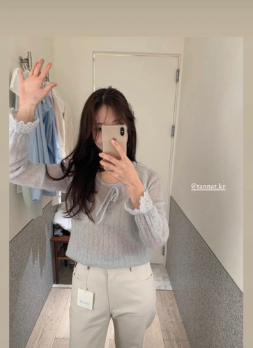 现货PREON工厂自制秋冬tannat同款温柔baby蓝甜美花边针织上衣