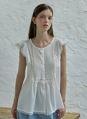 现货PREON工厂自制夏季新款清爽飞袖圆领蕾丝边上衣withoutsummer