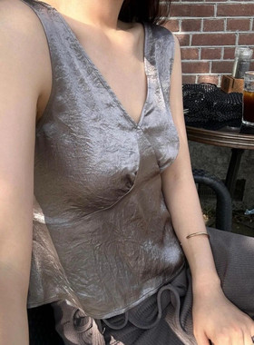 现货PREON工厂自制夏季ged同款气质复古纯色显瘦缎面V领背心上衣