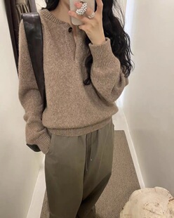 PREON工厂自制秋冬新款气质纯色亨利纽扣领针织毛衣藤姐同款moia