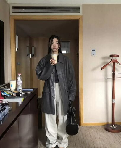 现货PREON工厂自制秋冬新款时髦收腰中长款复古皮衣外套smooth