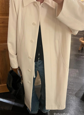 现货PREON工厂自制早春新款简约知识分子风翻领长款风衣ethos风