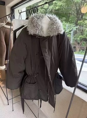 现货PREON工厂自制冬季新款厚实保暖毛领系带收腰羽绒服外套verso