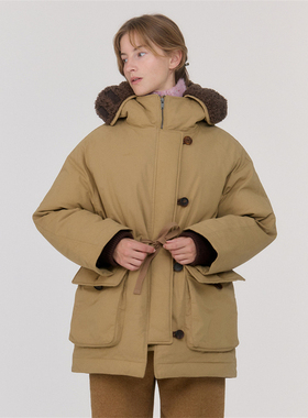 现货PREON工厂自制秋冬超保暖系带毛领连帽鸭绒羽绒服sienne外套