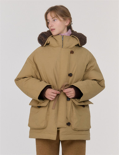 现货PREON工厂自制秋冬超保暖系带毛领连帽鸭绒羽绒服sienne外套