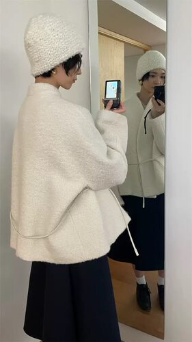 现货PREON工厂自制冬季新款简约通勤气质系带无领短款外套lfm同款