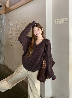 实拍~慵懒风V领麻花氛围感套头毛衣女秋冬新款宽松休闲上衣90652