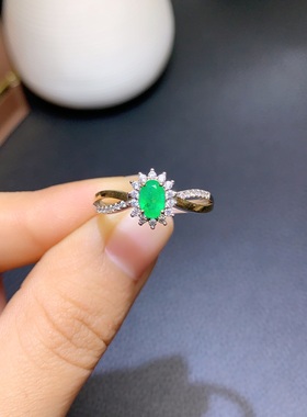 活圈 925银镀白金4*6mm 天然祖母绿 戒指 空托V850