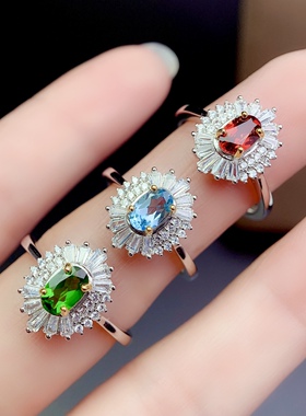 5*7mm 活圈925银镀白金天然石榴石 透辉石 托帕石 戒指空托 V1003