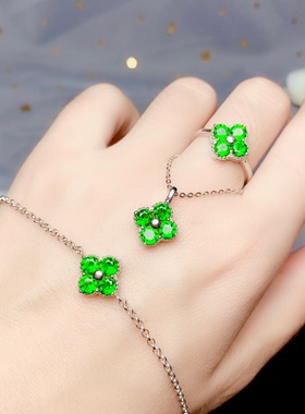 活圈925银镀白金4*4mm 透辉石 套装  空托V378