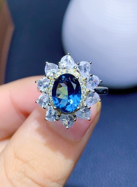 活圈 925银镀白金7*9mm 伦敦蓝托帕石 戒指 空托 V965