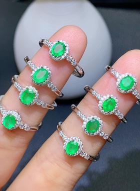 活圈925银镀白金4*5mm 天然祖母绿 戒指 空托 V963