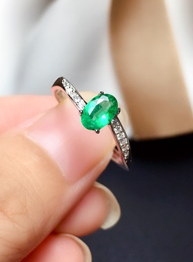 活圈925银镀白金 4*6mm 天然祖母绿 戒指 空托V797