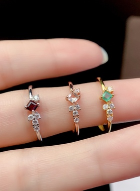 3*3mm活戒圈925银镀金天然祖母绿 石榴石 白托帕石 戒指空托V1067