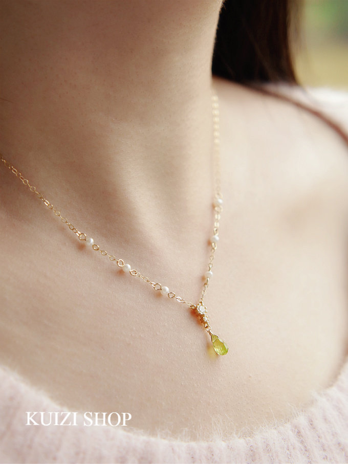 葵子手作 八月诞生石 天然橄榄石×5a锆石淡水珍珠14k包金项链