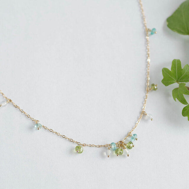 葵子手作 八月诞生石 森林系天然橄榄石海蓝宝14k包金锁骨链项链
