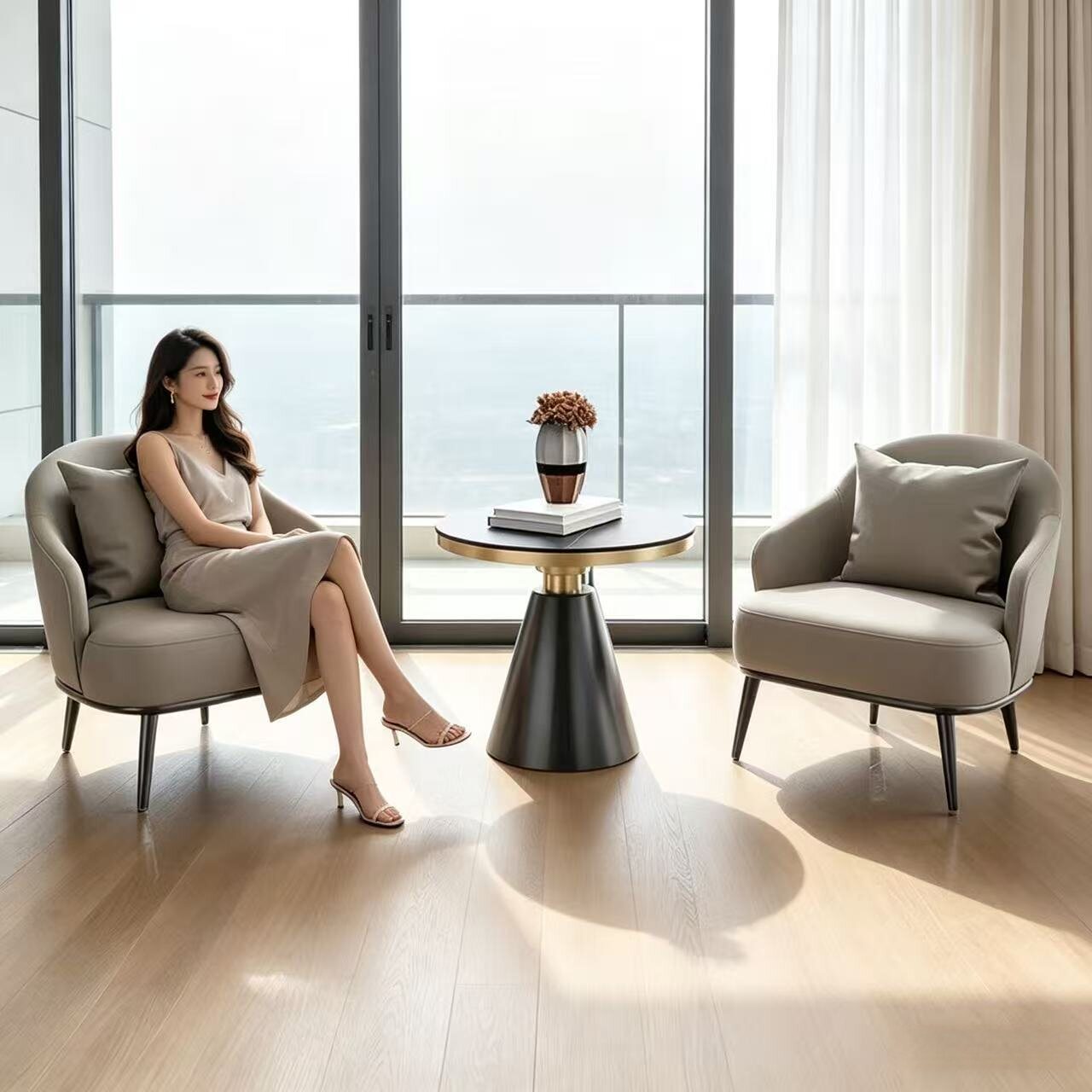 轻奢会所接待区沙发椅现代简约洽谈沙发家用阳台一桌两椅休闲组合