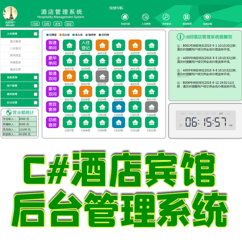 c#实现酒店管理系统c++宾馆旅店民宿预约住店登记房间管理vc源码