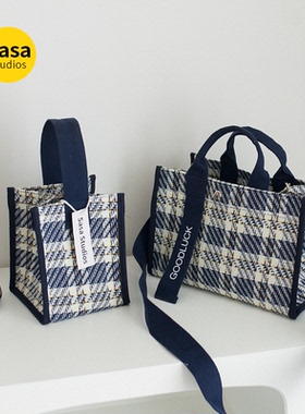新款千鸟格纹手提帆布包时尚条纹女包防水百搭大容量单件托特女包