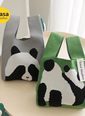 可爱卡通熊猫小包包针织便携手提包女大容量背心包手提包通便当包