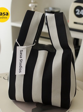 新款中古格纹大容量针织手提包秋冬便携外出背心手拎包百搭托特包