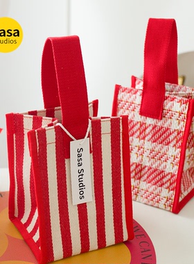 韩国格子加厚帆布小包大容量手提便携出门手提包礼物袋格纹收纳包