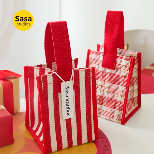 韩国格子加厚帆布小包大容量手提便携出门手提包礼物袋格纹收纳包