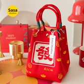 新年发财喜庆手提包针织手拎包红色福袋手挽包马年春节红色小方包