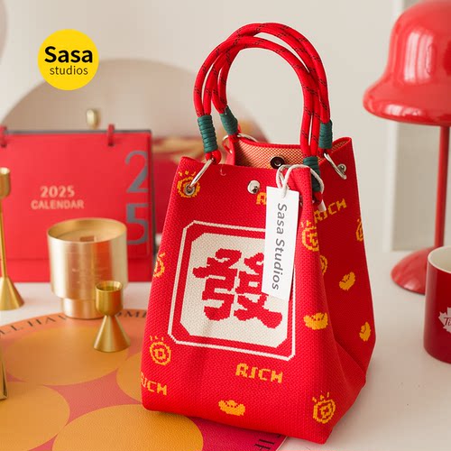 新年发财喜庆手提包针织手拎包红色福袋手挽包蛇年春节红色小方包