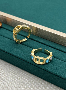 部落风CD字母开口戒指女潮酷辣妹复古树脂珠仿水晶库洛米指环手饰