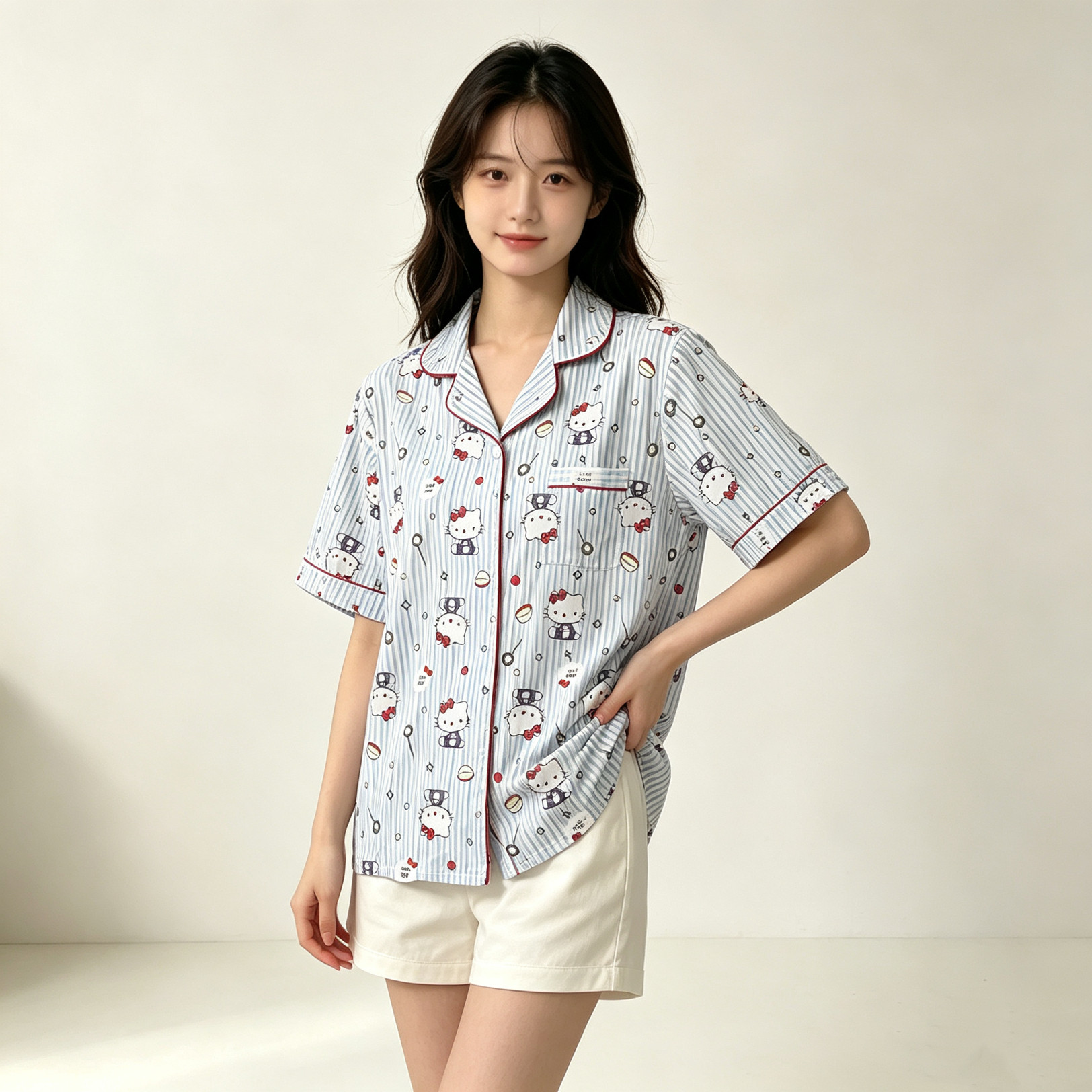 大码条纹KT猫咪印花短袖睡衣女款夏季新款休闲短裤家居服套装薄款