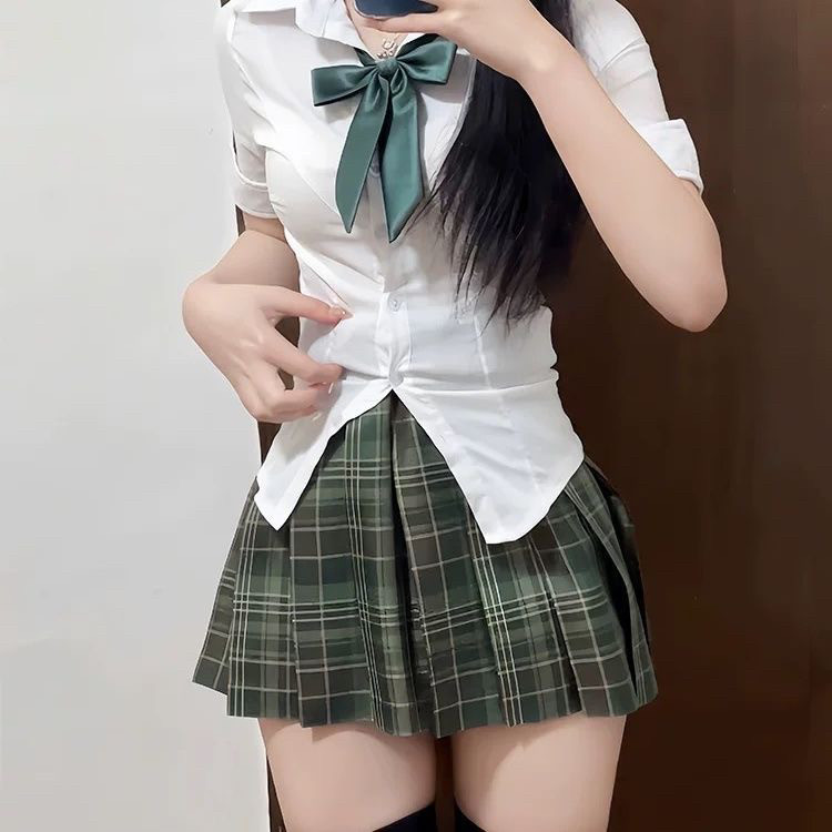 黑绿色学院风套装韩系JK制服纯欲夏季新款收腰白衬校供高腰短裙女
