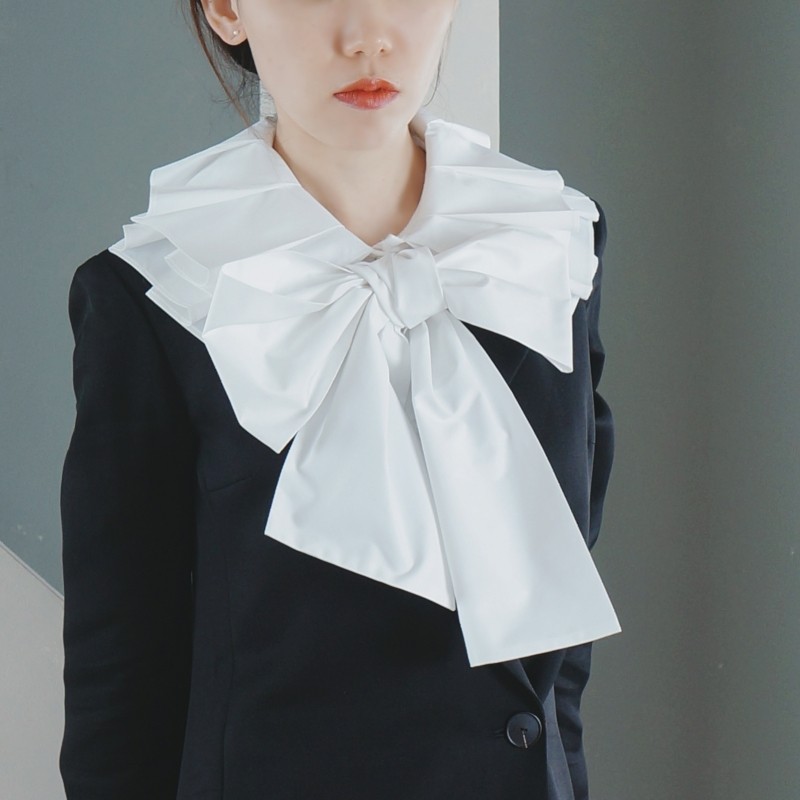 tt unique 小众设计夸张大蝴蝶结纯棉白色翻领荷叶褶内搭款假领子