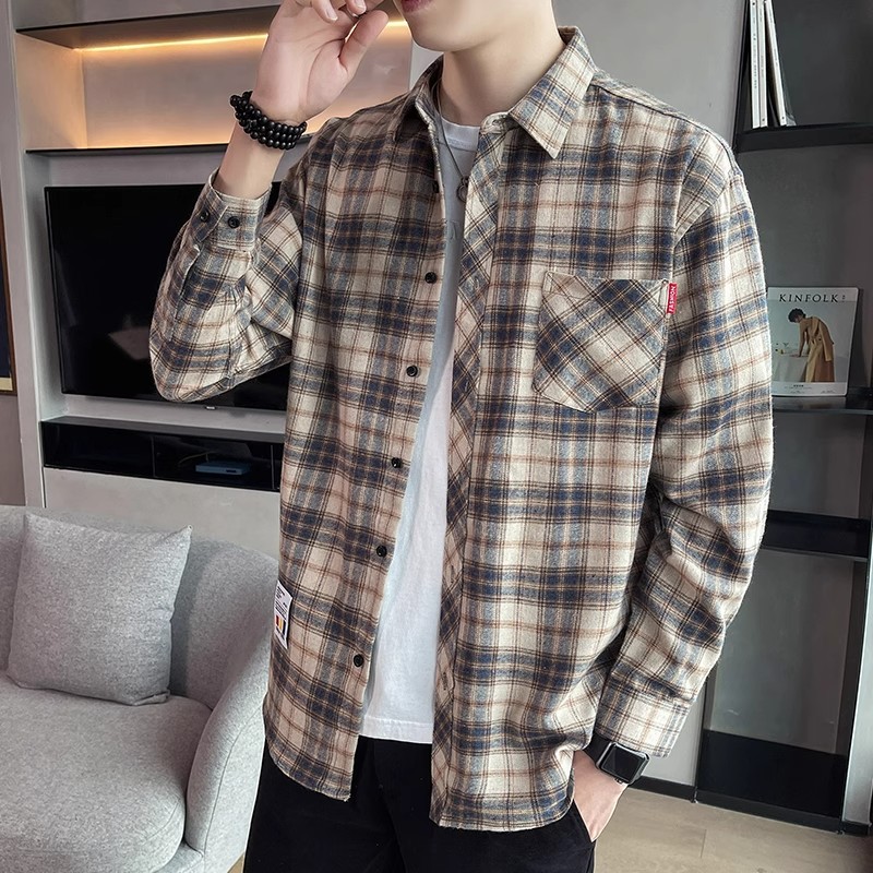 潮流格子衬衫男生春秋季长袖上衣服男秋冬款外套休闲衬衣