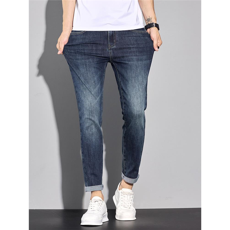 YISHION以纯牛仔裤男士夏季弹力直筒九分裤弹力修身小脚9分男裤子
