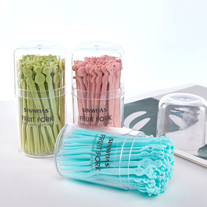韩式卡通圆盒三色水果叉塑料制可爱创意一次性塑料水果叉套装家用