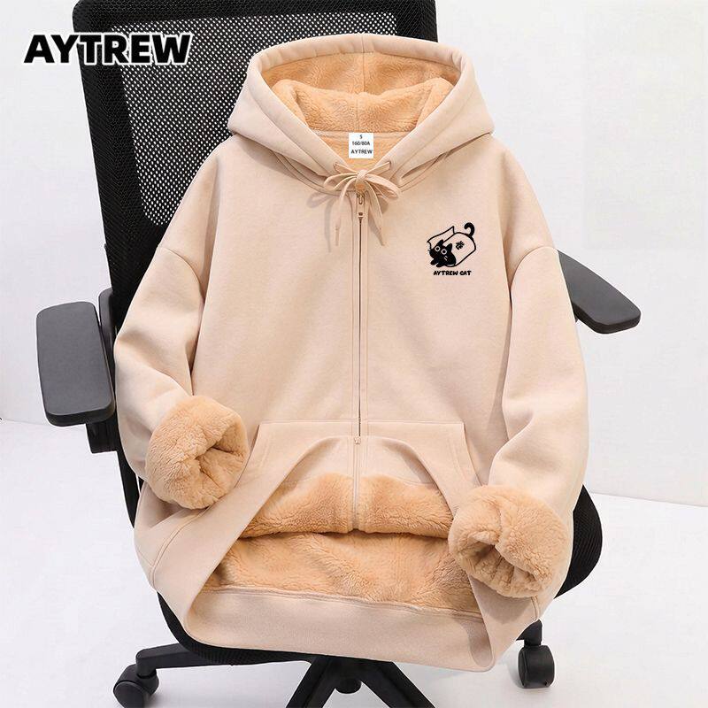 AYTREW杏色加绒保暖连帽卫衣男女羊羔绒秋冬季卡通猫咪情侣上衣服