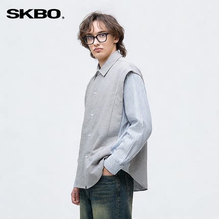 SKBO 2025新款个性时尚设计休闲衬衫拼接假两件条纹袖衬衫袖落肩