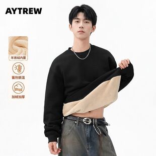 AYTREW打底冬装男女宽松羊羔绒加绒加厚长袖黑色情侣卫衣保暖上衣