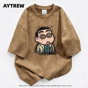 AYTREW鹿皮绒短袖T恤男款夏季卡通蜡笔小新宽松休闲潮牌潮流上衣