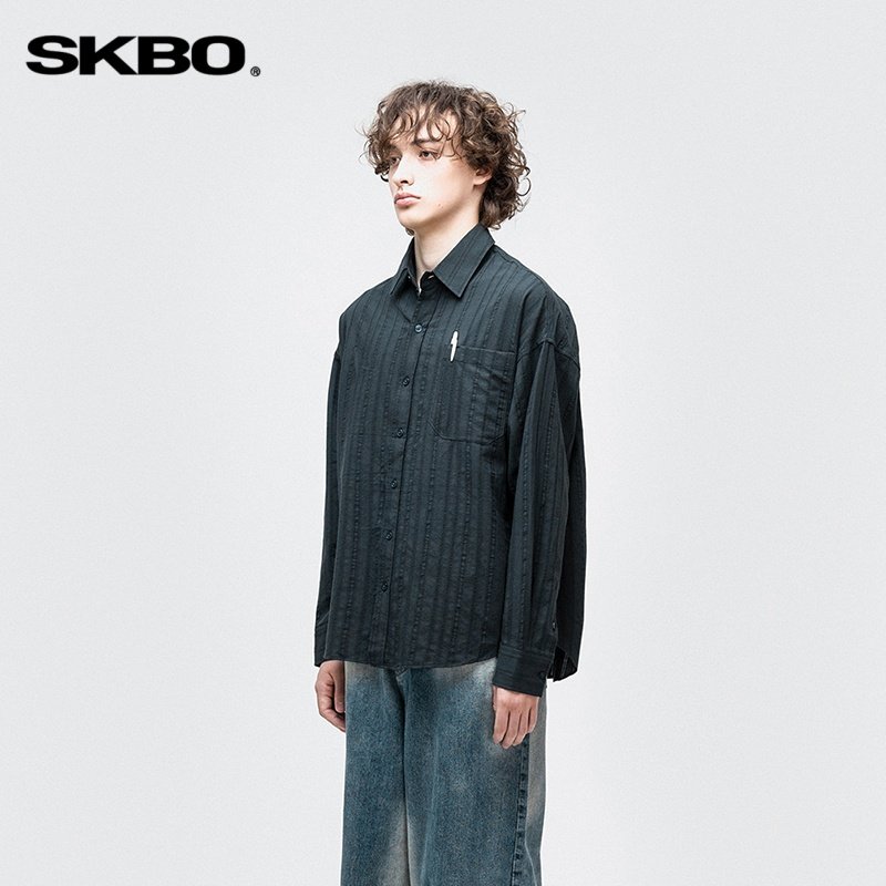 SKBO 美式复古竖纹翻领落肩袖衬衫男2026春季新款潮牌宽松衬衣,男装,衬衫,淘宝优惠券,粉丝福利购,淘宝优惠卷