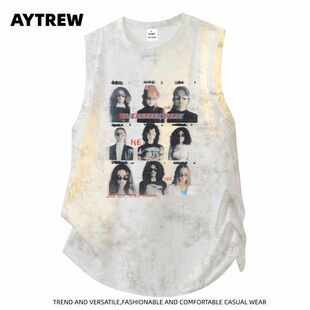 AYTREW美式复古模糊人像印花无袖T恤男女款夏季宽松百搭坎肩背心