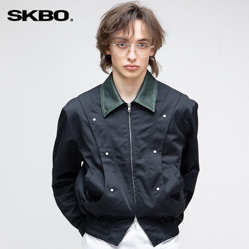 SKBO原创短款时尚个性拼接皮衣男小众男女短款拼接皮衣夹克外套男