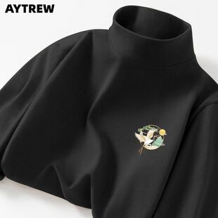 AYTREW德绒打底衫男女国潮仙鹤新款青少年秋冬宽松百搭长袖上衣服