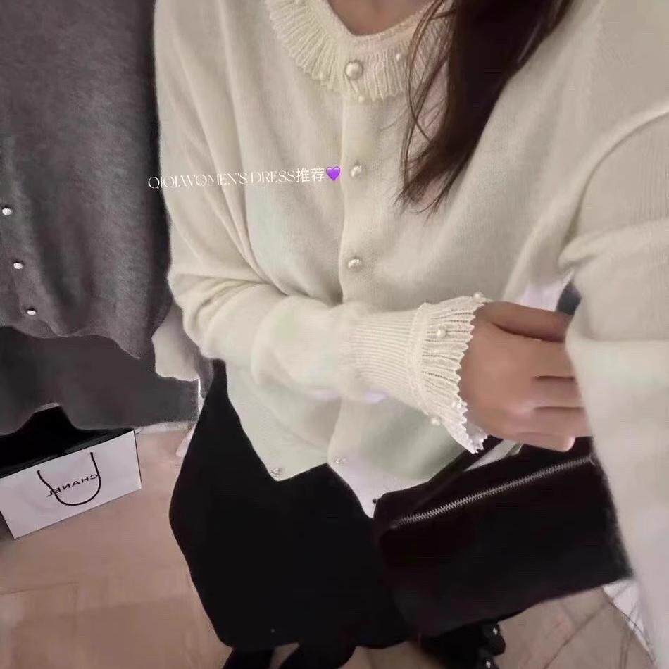 特价欧洲站秋冬新款圆领长袖蕾丝花边钉珠针织羊毛开衫毛衣外套女