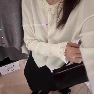 特价欧洲站秋冬新款圆领长袖蕾丝花边钉珠针织羊毛开衫毛衣外套女