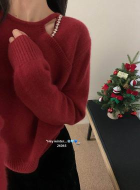 温柔风设计感镂空挂脖钉珠针织打底衫女冬季款毛衣洋气上衣89136