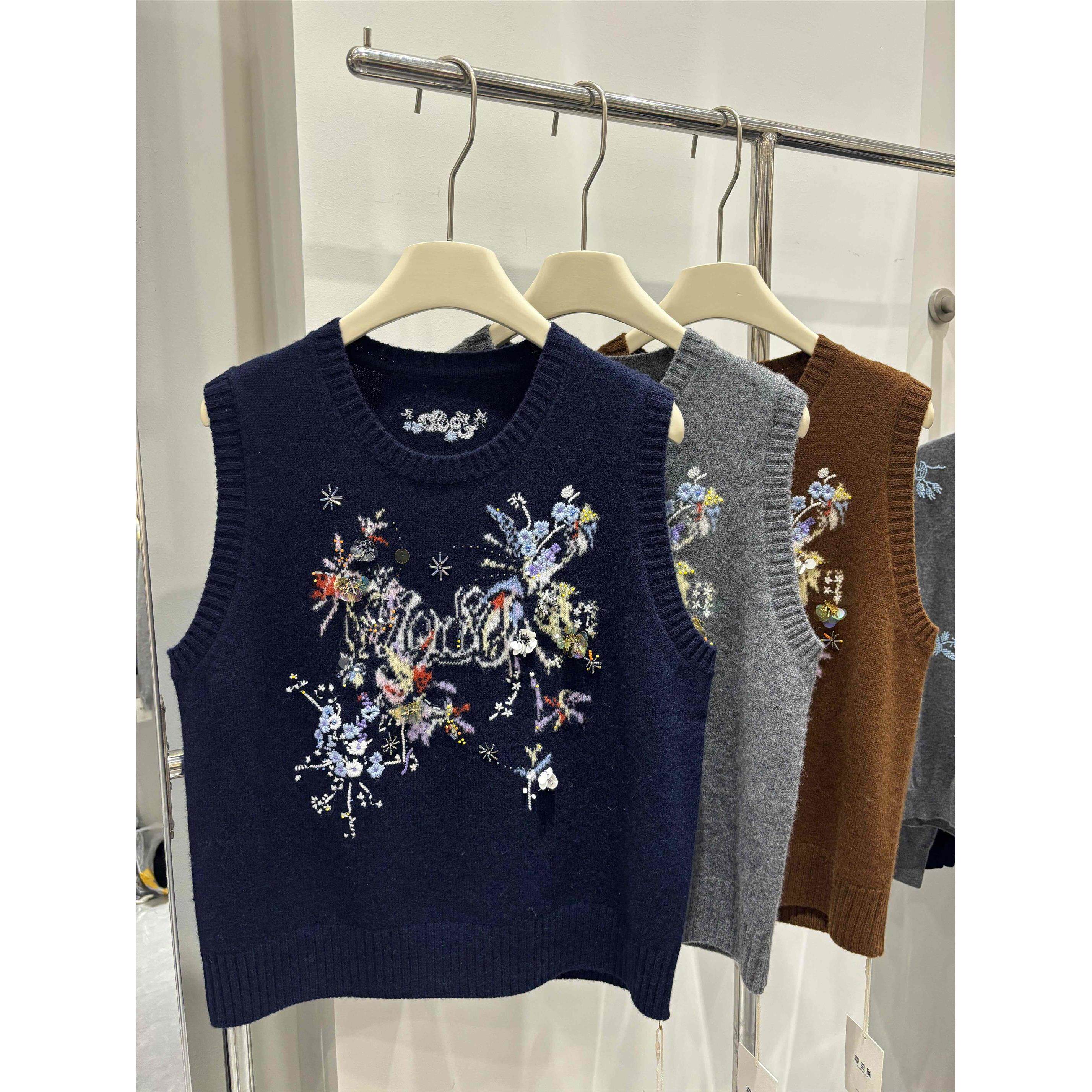 欧货100纯羊毛 重工亮片嵌花刺绣针织衫马甲女背心休闲叠穿羊毛衫