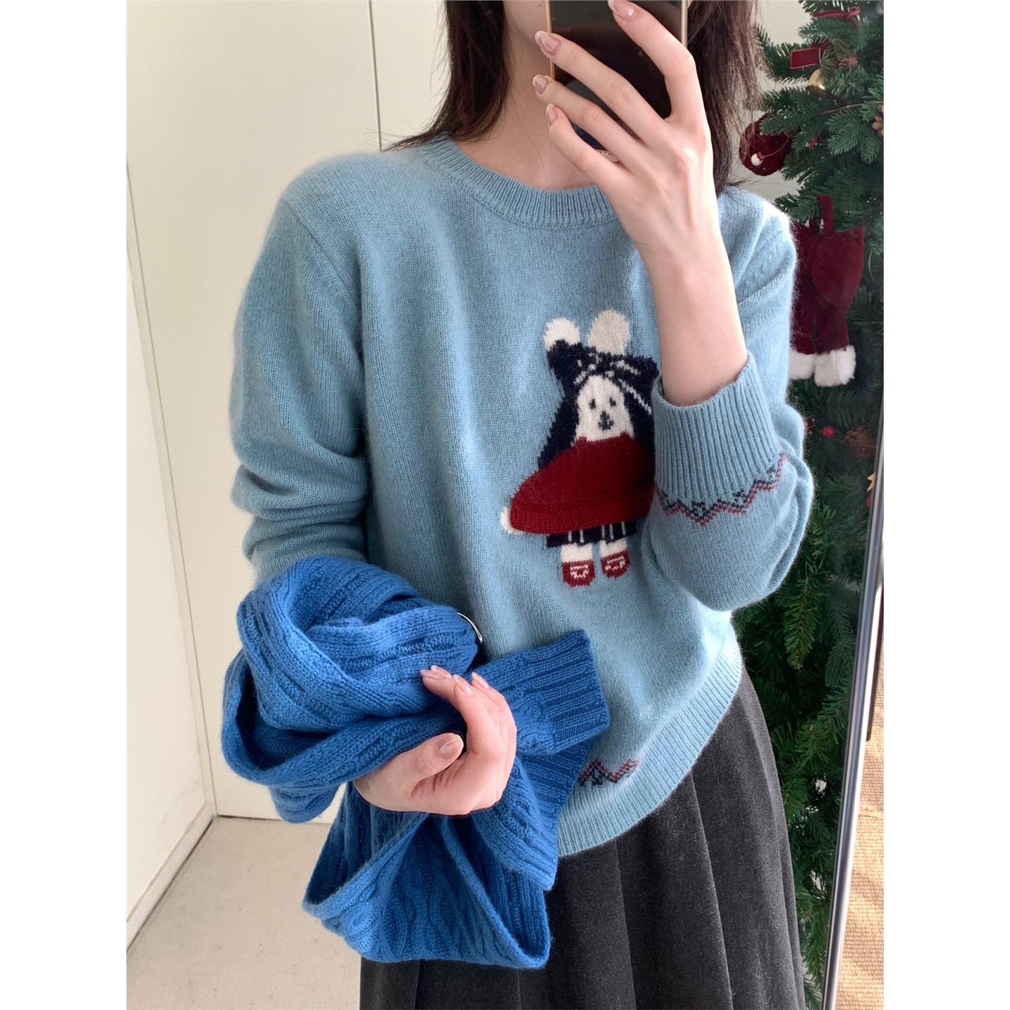 韩版宽松显瘦圆领卡通针织衫女